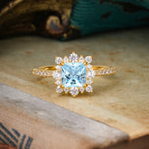Princess Cut 1.2 Carat Aquamarine Pave Ring Halo Engagement Ring